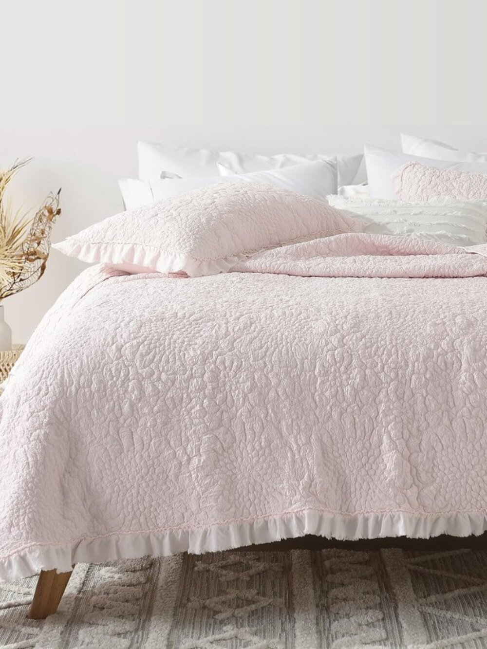 Pink Ruffled Quilt Queen Size, Stone-Washed Microfiber Lightweight Crinkled